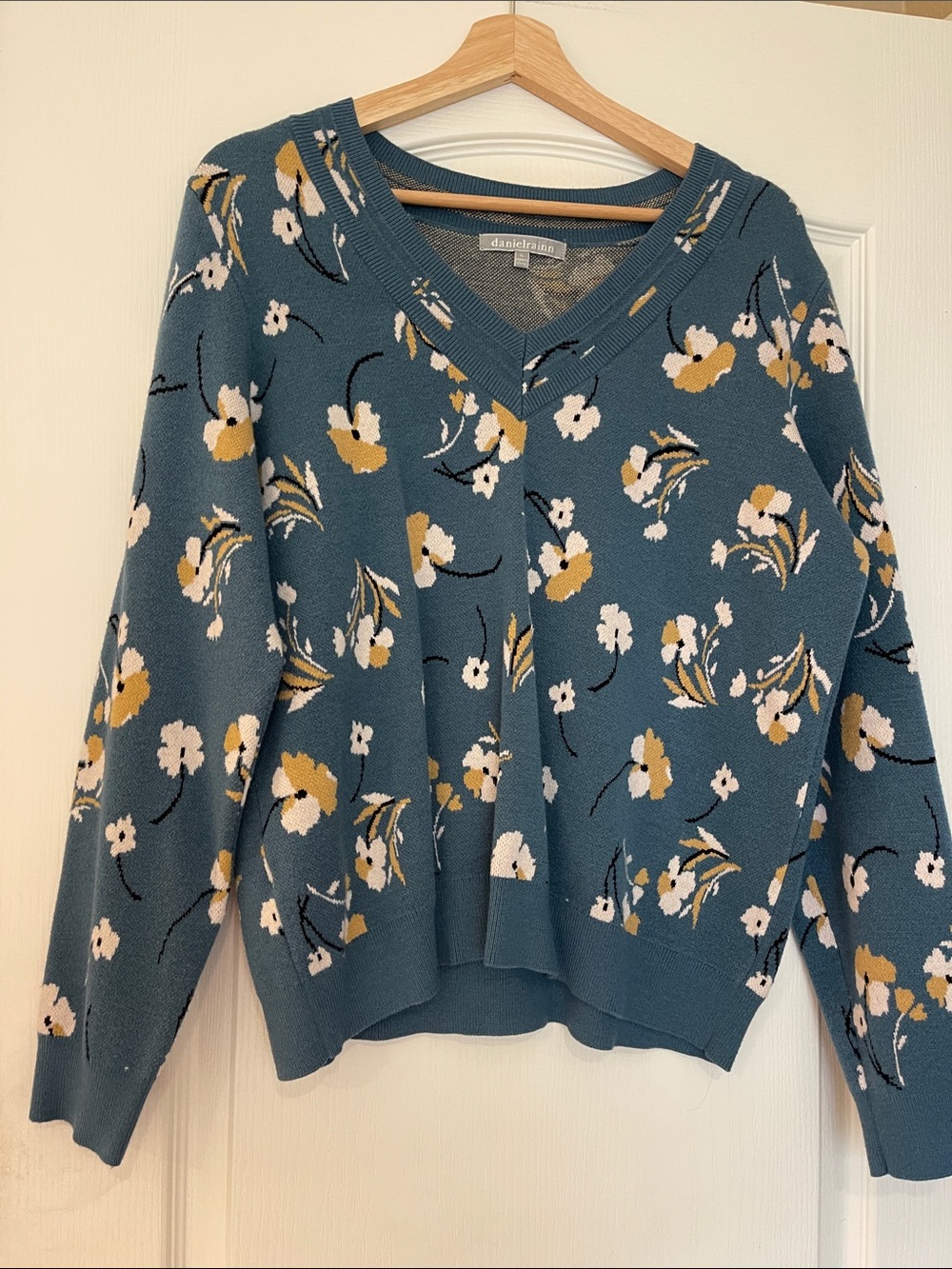 Daniel Rainn Teal Floral V-Neck Sweater with White and Mustard Flowers